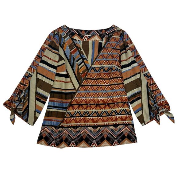 Chico's Multicolor Geometric Chiffon Blouse 3/4 Sleeve Boat Neck Sz S (Chicos 0) - Picture 1 of 14